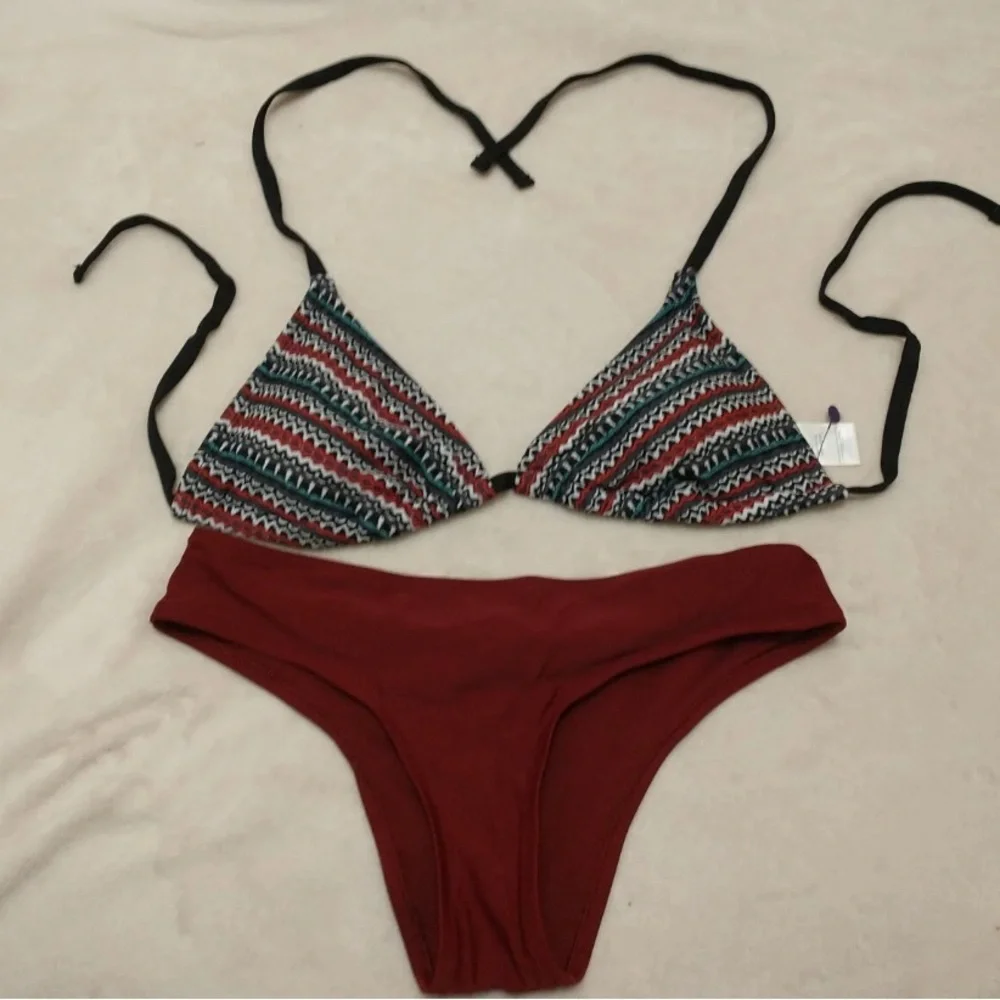 Striped Bikini with Maroon Bottom
